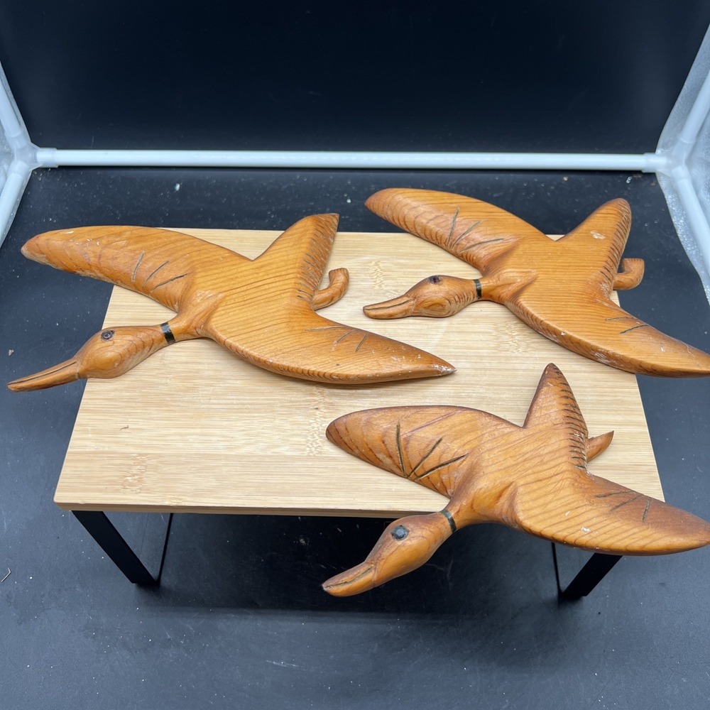 3 Vintage Flying Geese Ducks Hand Made Carved Wooden Wall Hanging Art
